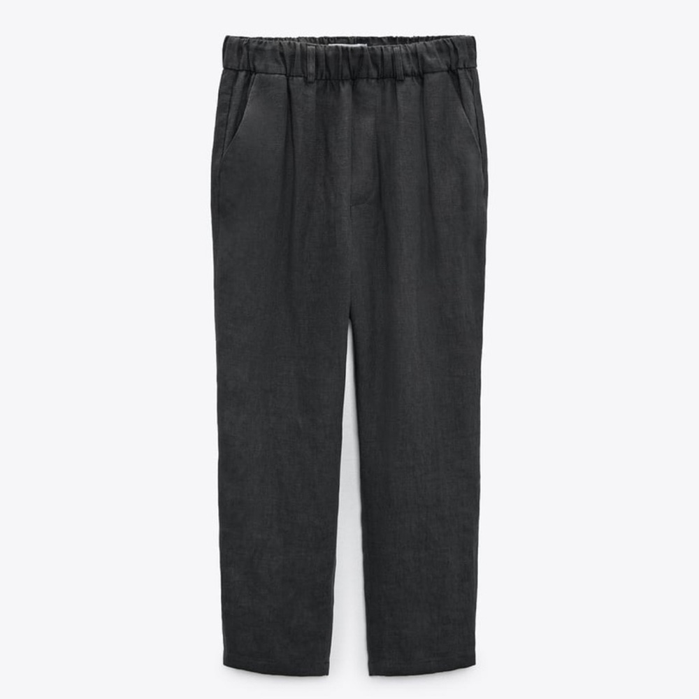 Zara 100% Linen High Waisted Trouser Pants Tapered Leg Crop Ankle Gray Womens XL